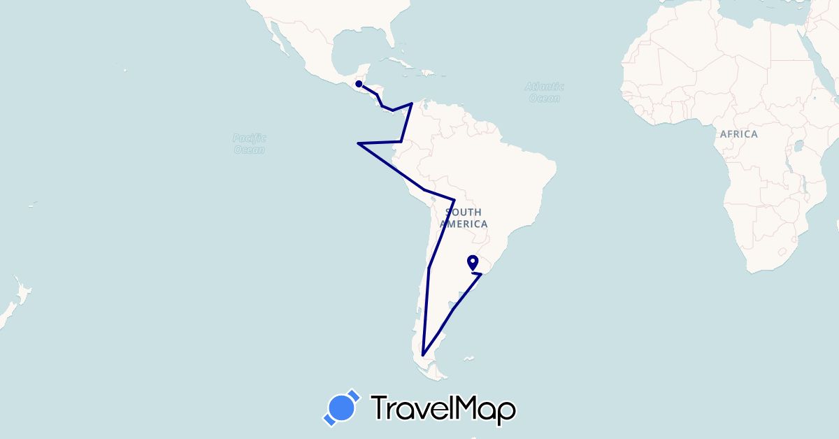 TravelMap itinerary: driving in Argentina, Bolivia, Chile, Colombia, Costa Rica, Ecuador, Guatemala, Nicaragua, Panama, Peru, Uruguay (North America, South America)